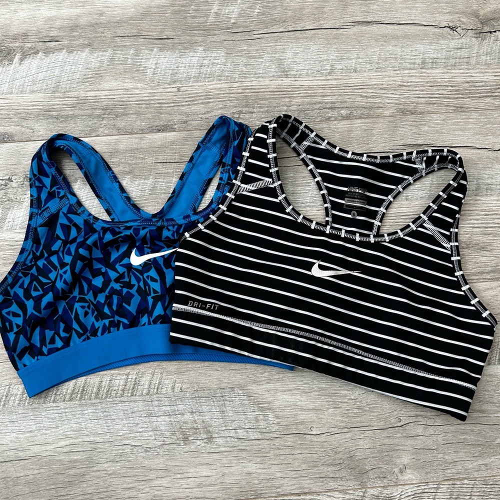 Nike Blue Geometric and Black Striped Sports Bras